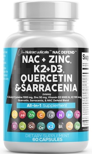 NAC Supplement N-Acetyl Cysteine 1000mg Vitamin D3 K2 Zinc Quercetin 1000mg Sarracenia Purpurea 1000
