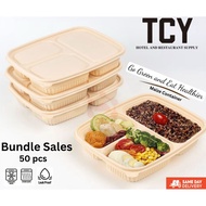 50 pcs TCY Corn Starch Food Container Bento Box 3 Compartment 3 Ruang Tupperware Bento Biodegradeabl