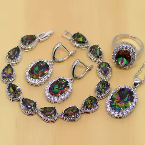Mystic Rainbow Fire Cubic Zirconia Jewelry Sets 925 Sterling Silver Jewelry Women Earrings/Pendant/N