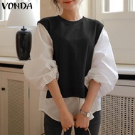 VONDA เสื้อผู้หญิงแขนพองคอกลมเย็บปะติดปะต่อกันเสื้อริมไม่สม่ำเสมอ (ลำลองเกาหลี)