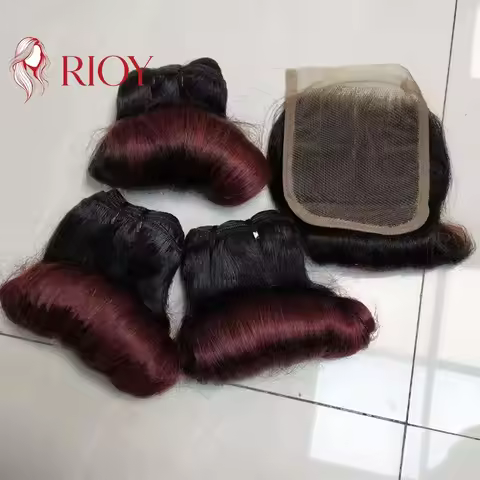 10A 1b/99j Bouncy Funmi Wave Egg Curl Human Hair Weaving 3 Bundles with 4x4 Lace Closure 10-26 Inch 