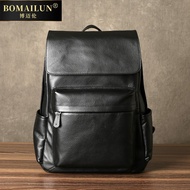 Bomailen（BOMAILUN）Brand Leather Backpack Men's First Layer Cowhide Backpack Korean Casual Business14Inch Computer Bag La