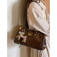 Vintage Bowling Bag with Plush Bunny Charm | Retro Y2K Glossy Shoulder Bag