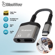 BlueWow Audio Adapter Cable Type-C to 3.5mm PD 60W Fast Charging Hi-Res Audio with Mic & Call Suppor