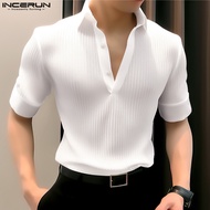 INCERUN เสื้อถักลายทางแบบเรียบง่ายสำหรับผู้ชาย,เสื้อแขนสั้นครึ่งกระดุมแบบลำลอง (สไตล์เกาหลี)