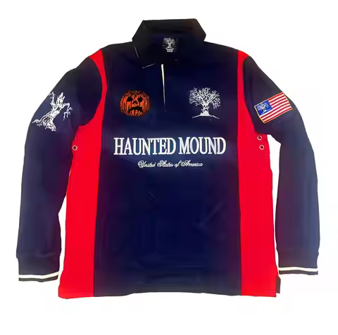 Haunted Mound America Long Sleeve Polo Shirt Y2k Casual Retro Patchwork Pattern Embroidery T Shirts 