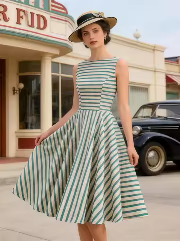 Tonval O-Neck Sleeveless Striped Dresses for Women 1950s Vintage Fashion Elegant Birthday Wear Swing