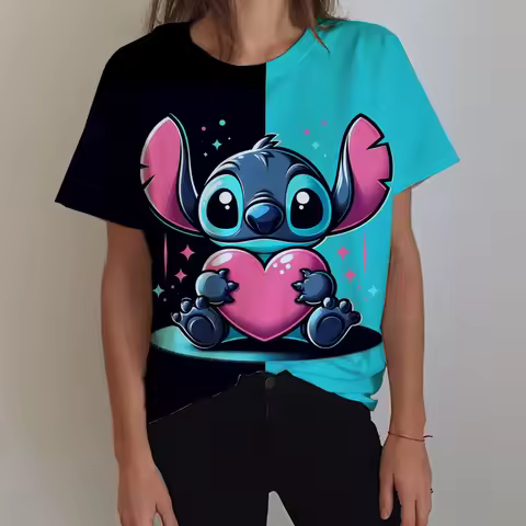2025 Kawaii Lilo Stitch Print T-shirts Tops for Women Lady Summer Children T-shirts Casual O-neck Oh