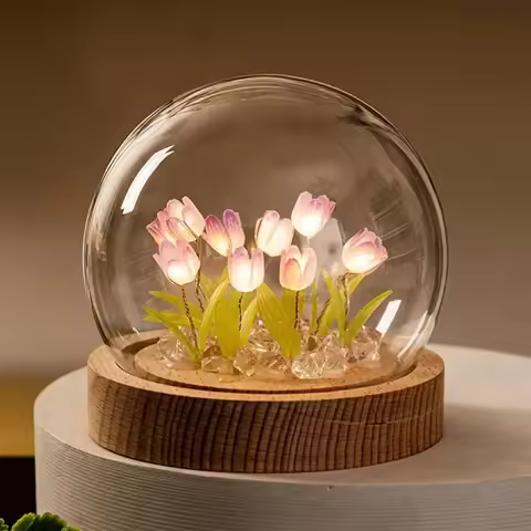 Tulip Flower Night Light With Glass Cover Handmade DIY Bedside Light LED Night Lamp Table Desk Lamp 