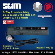 SUM 4 Way Extension Safety Black Socket with 2 USB Ports (2.1A) & Surge Protector