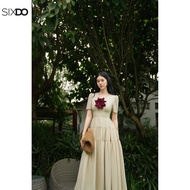 Đầm xoè cổ V ngắn tay SIXDO (Beige Organza Flared Dress With Flower)