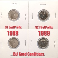 1Set2pcs 5Sen Coins BU GoodConditions 1988 LastPrefix+1989 FirstPrefix Malaysia Duit Syiling Lama (C