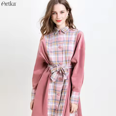 ARTKA 2019 Autumn Winter New Women Dress Casual Corduroy Plaid Stitching Dress Long Sleeve Shirt Dre