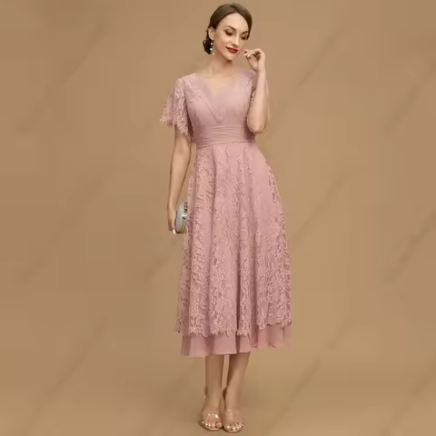 Pink Short Sleeve Mother of Bride Dresses for Women Strapless Elegant Tea Length Wedding Party Gown 