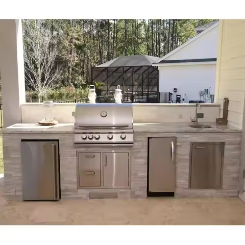 Custom CE Certified Full Set Barbecue Outdoor Kitchen Gas Grill Built-in Island With Refrigerator St