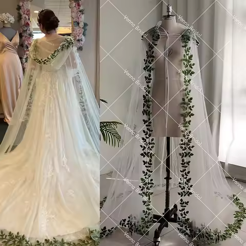Appliqued Hooded Bridal Cape Customized Soft Tulle Green Leaf Embroidered Trim Forest Wedding Cloak 