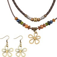 Layered Bohemian Necklace Earrings Wooden Beads Hippie Necklace Hollow Flower Pendant Bohemian Jewel