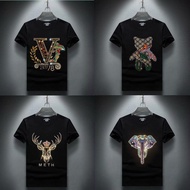 Hot Rhinestone Short-Sleeved t-Shirt Men's Summer New Style Street Wear Preppy Slim-Fit t-Shirt