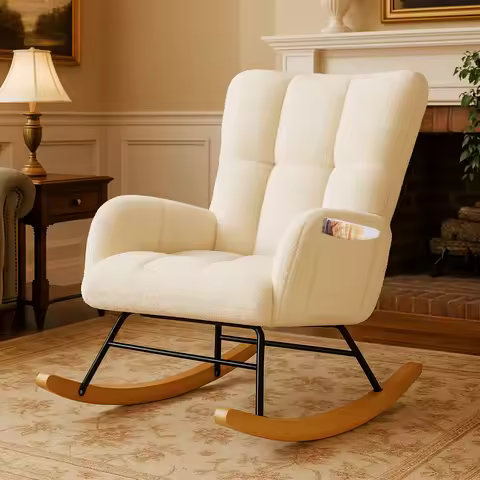 COMHOMA Nursery Rocking Chair, Teddy Glider with Side Pockets, High Back Chair for Adults, Bedroom &