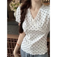 crop top t shirt Lace edge polka dot short sleeve t-shirt women's 2024 new summer V-neck design slim slim Korean chic top