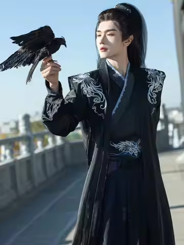 Large Size 3XL Hanfu Men Chinese Embroidery Black Hanfu Male Halloween Carnival Swordsman Cosplay Co