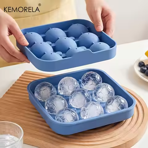 9-Hole Silicone Soccer Ball Cube of Ice Tray with Lid Round Ice Ball Mold for Whiskey for Home Bars