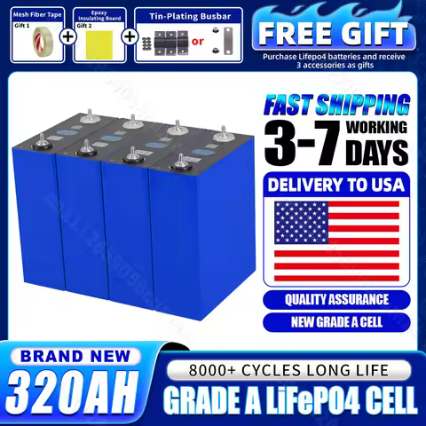 Grade A 3.2V 320Ah LiFePO4 Battery US Stock DIY 12V 24V 48V 72V 96V Prismatic Rechargeable LFP Cell 
