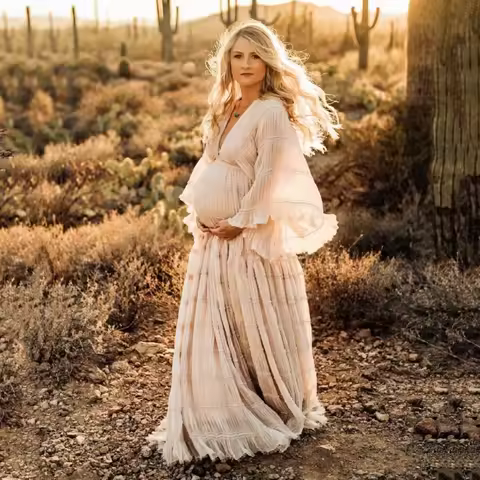 Pleat Chiffon Boho Style Maternity Photoshooting Dress Baby Shower Maxi Dresses Pregnant Woman Photo