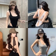 Miqi Bodysuit Plain Color Open Back With Foam Pads Form-Fitting Stretch Fabric Sexy Set Korean Style