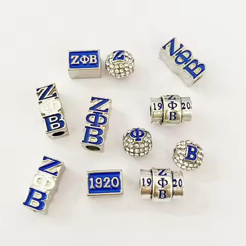 10pcs European Cuboid Silver color Zeta Phi Beta Carved Enamel Blue Beads ZPB DIY Charm Sorority Jew