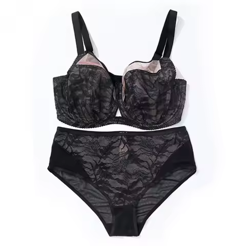 Plus Size Women Lace Bra Set Underwire Unlined Supportive Lingerie with Panties 34-42 DD-G Cup Sheer