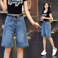 High Waist Slimming A-Line WideLeg Retro Blue Shorts Womens Summer Casual Jeans Knee-Length Shorts L