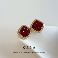 kuina | Red Crystal Square Full Diamond Earrings