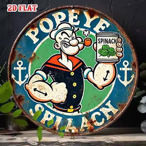 2D Flat "Vintage Popeye the Sailor Man Spinach Can" Retro Round Metal Tin Sign - Classic Cartoon The