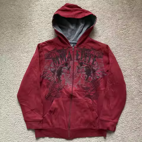 2024 New American Vintage Y2k MMA Elite Zip Up Hoodie Size Small Skull Wing Graphic Men Street Hip H