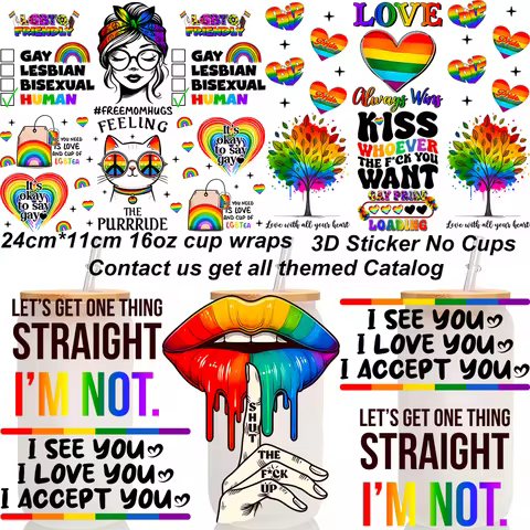 LGBTQ Pride Themed Uv Dtf Cup Wrap Glass 3D Transfer Stickers Waterproof Rainbow Flag Vibe Transfer 