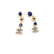 Blue Glass Beads Long Earrings Brass Material J47U