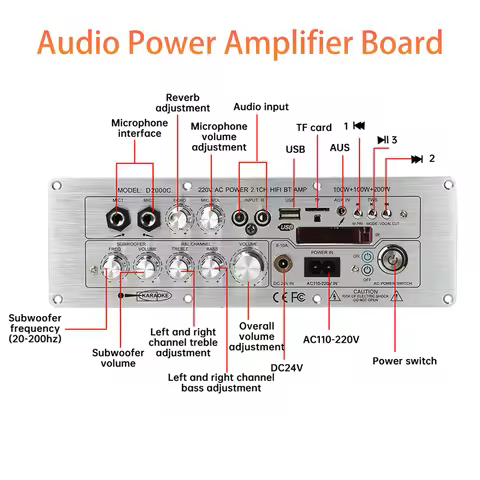 D2000 2.1 Channel Bluetooth Karaoke Audio Amplifier Board 100W+100W+200W HiFi Subwoofer Audio Amp Mo