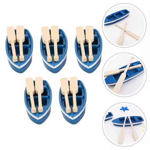 5 Sets Mini Scull Miniature Rowboat Resin Little Dollhouse naments With Oars Ocean Kayak Beach Scene