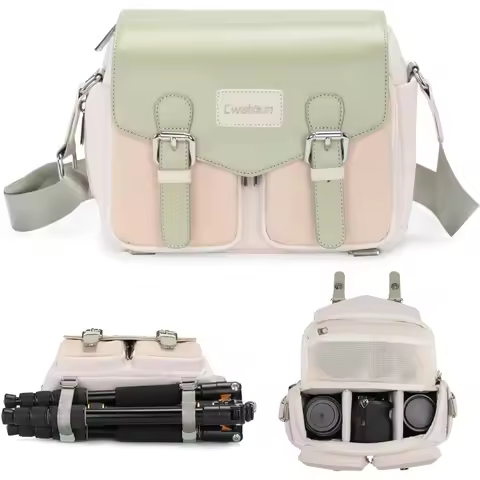Cwatcun camera messenger bag, waterproof flip cover camera shoulder tripod, travel photography bag F