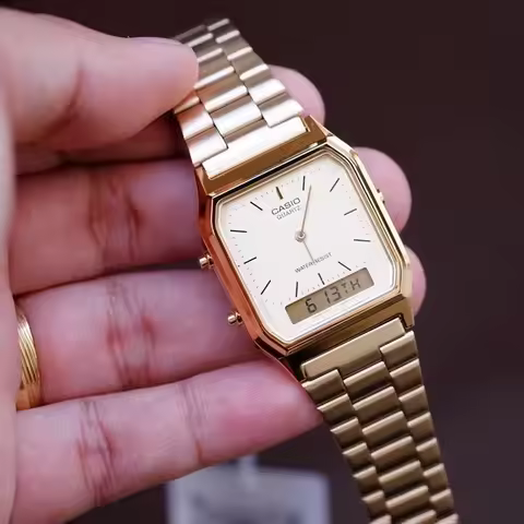 Casio AQ-230GA-9B Retro Gold Square Watch, Analog-Digital Display with Dual Time 1/100 Stopwatch Dai