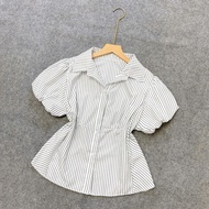 Set đồ bigsize nữ áo sơ mi tay phồng kẻ sọc kèm chân váy bí lưng thun co giãn (có quần bảo hộ) - SM1