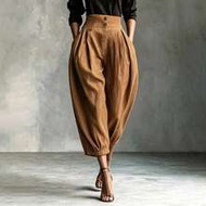 Women's Autumn/Winter New Brown High-Waist Pleated Cuffed Wide-Leg Lantern 9-Point Curved Pants, Hig