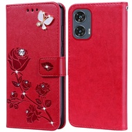 Diamond Embossing Print Rose Phone Case For Motorola Moto G96 5G Book Leather Full Silicone Cover Fo