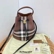 二手BURBERRY TB黑咖格紋帆布手提肩背包水桶包8069655