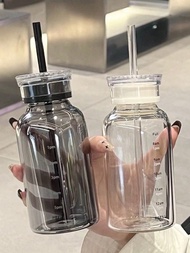 1 Glass Water Bottle With Two Lids -, Portable Travel Coffee Mug, Reusable Easy To Clean Glass - Tra
