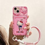 1 ชิ้น เคสโทรศัพท์ Hello Kitty สีชมพูแฟชั่นน่ารัก + ที่ใส่บัตรลาย Kitty + สายคล้องคอ, ดีไซน์สีตัดกัน