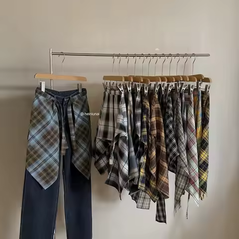 Unisex Checkered Layered Short Wrap Skirt Irregular Pleated Apron Skirt Tie Up A Line Hip Scarf Over
