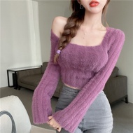 Squared-neck Imitation Mink Fur Apricot Short Sweater Top - OI8A