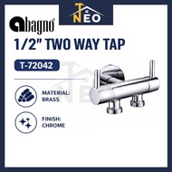 ABAGNO 1/2" Two Way Tap T-72042 Brass Chrome Dual Outlet Wall Faucet Washing Machine Kitchen Water T